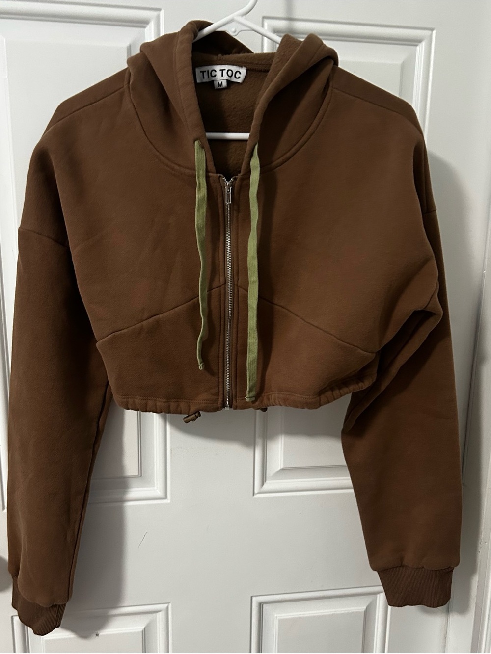 Tic Toc Zipper Front Oversized Cropped Hoodie Sweatshirt Brown Size:M